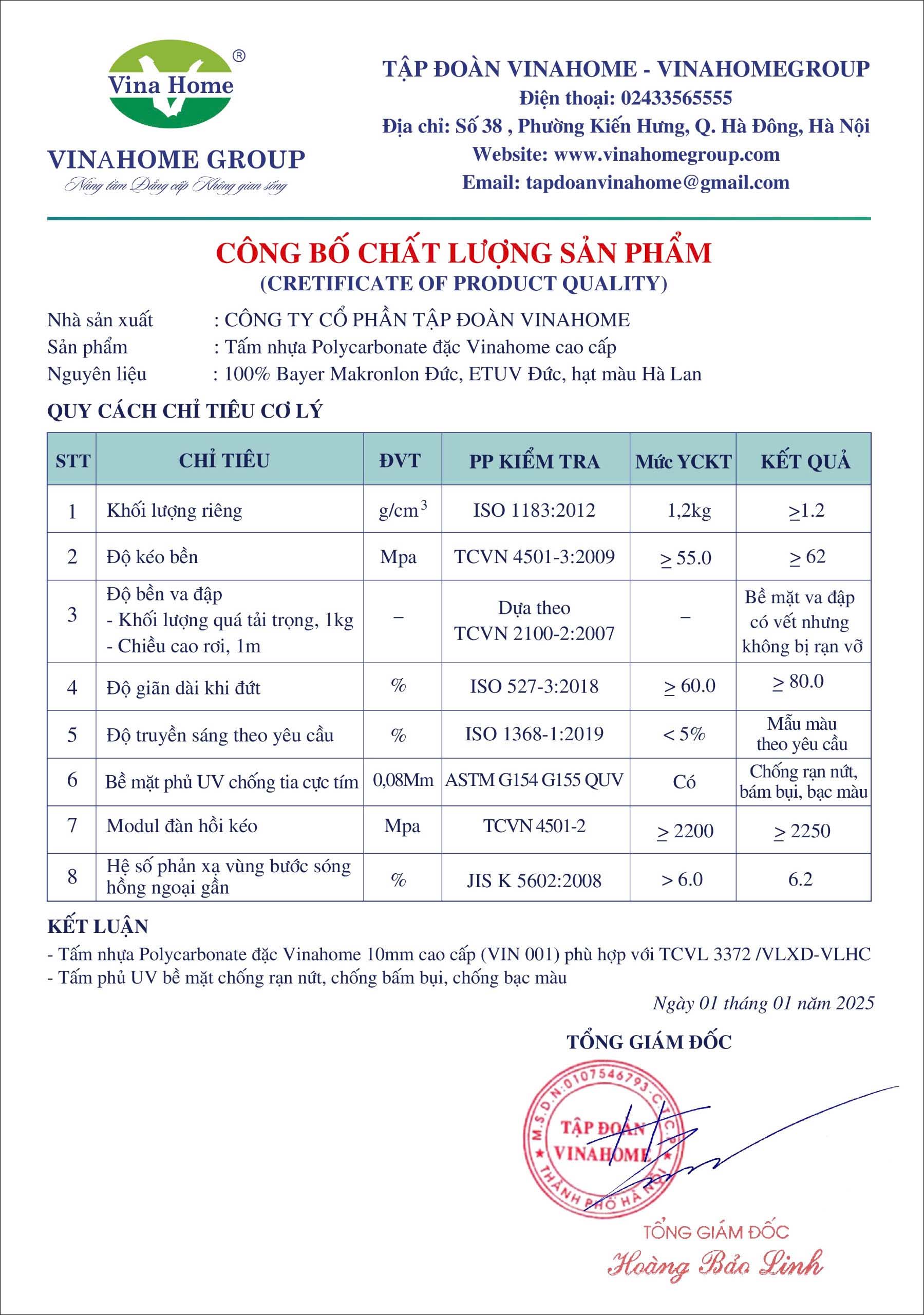 Vinahome công bố chỉ số vật liệu tấm Poly