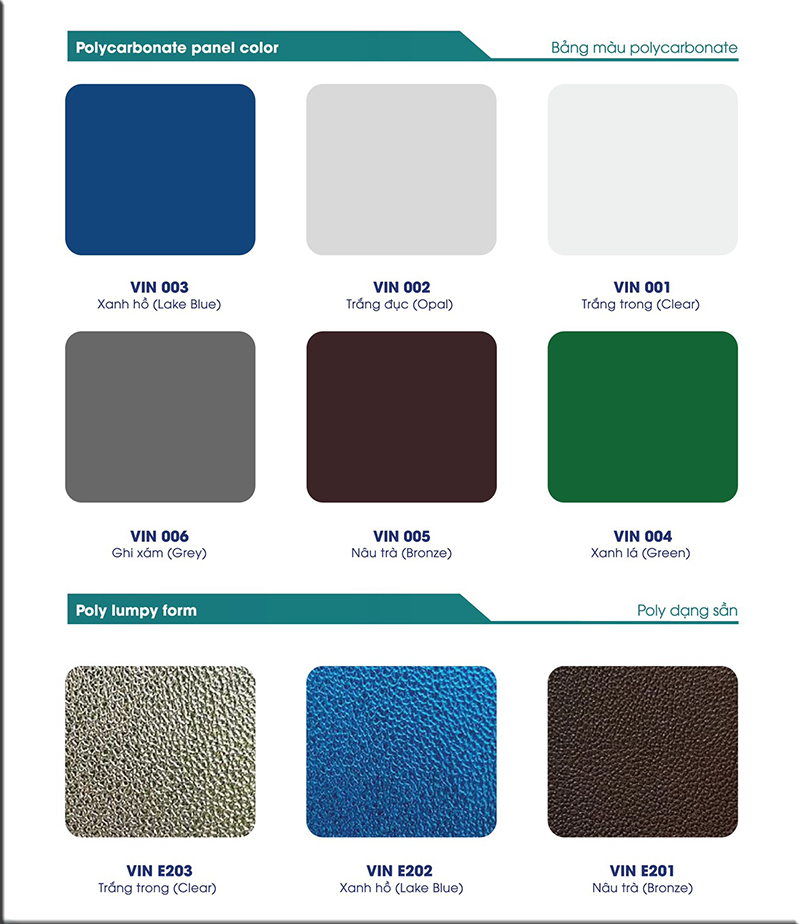 Bảng màu tấm nhựa Polycarbonate