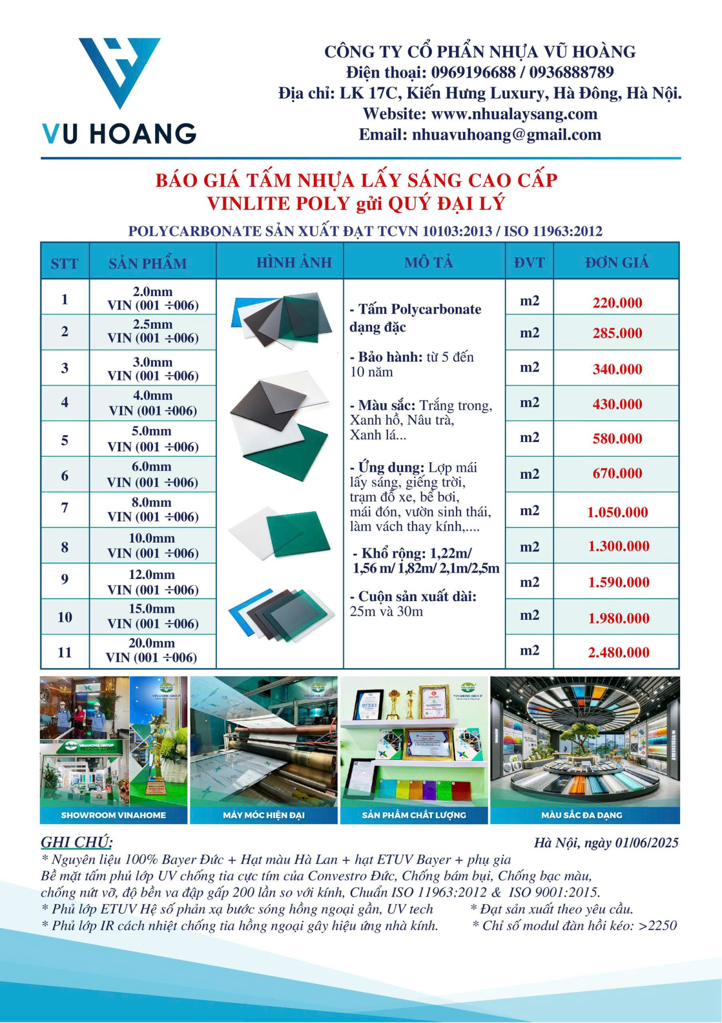 Bảng báo giá tấm nhựa Vinlite